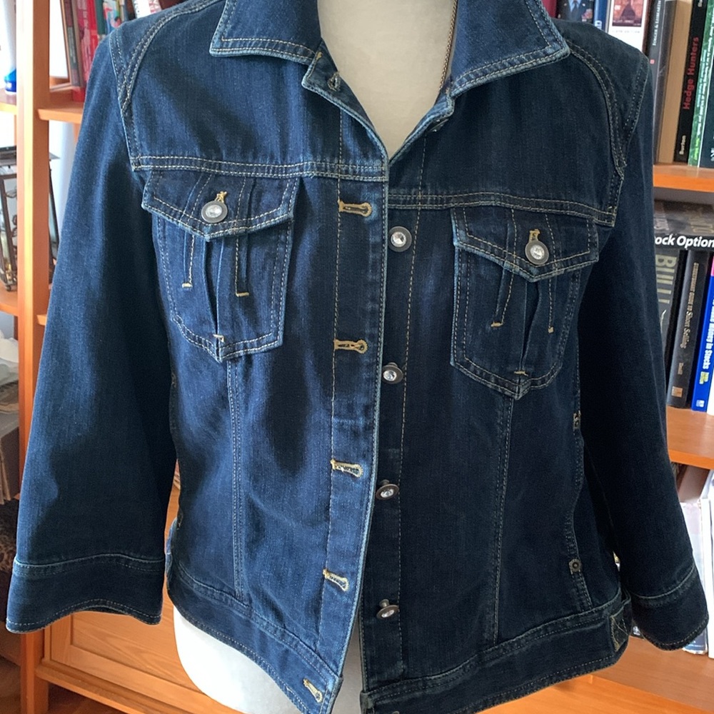 Chico's Denim Jeans Jacket with Rhinestone Buttons 3/4 Sleeves